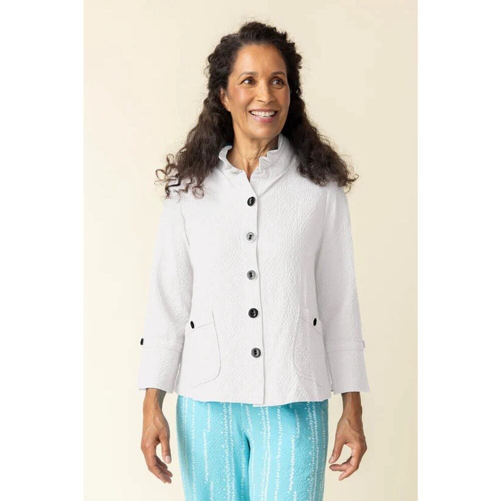 Habitat Sz M Women’s White Ruched Collar Swing Jacket Top Wire Collar Pockets